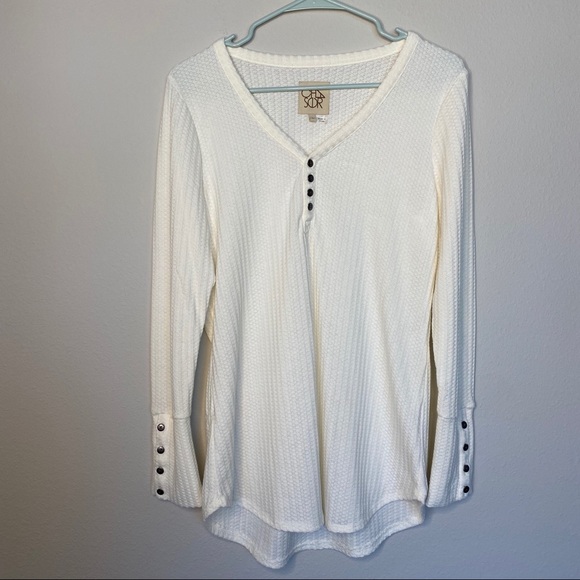 Chaser Tops - Chaser ivory waffleknit button cuff long sleeve